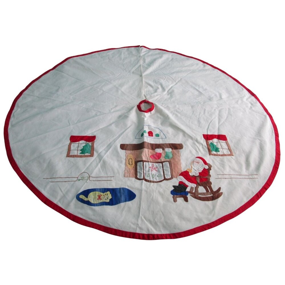 Vintage Anns Christmas Tree Skirt Santa Cat Applique Design Cotton GUC Faded